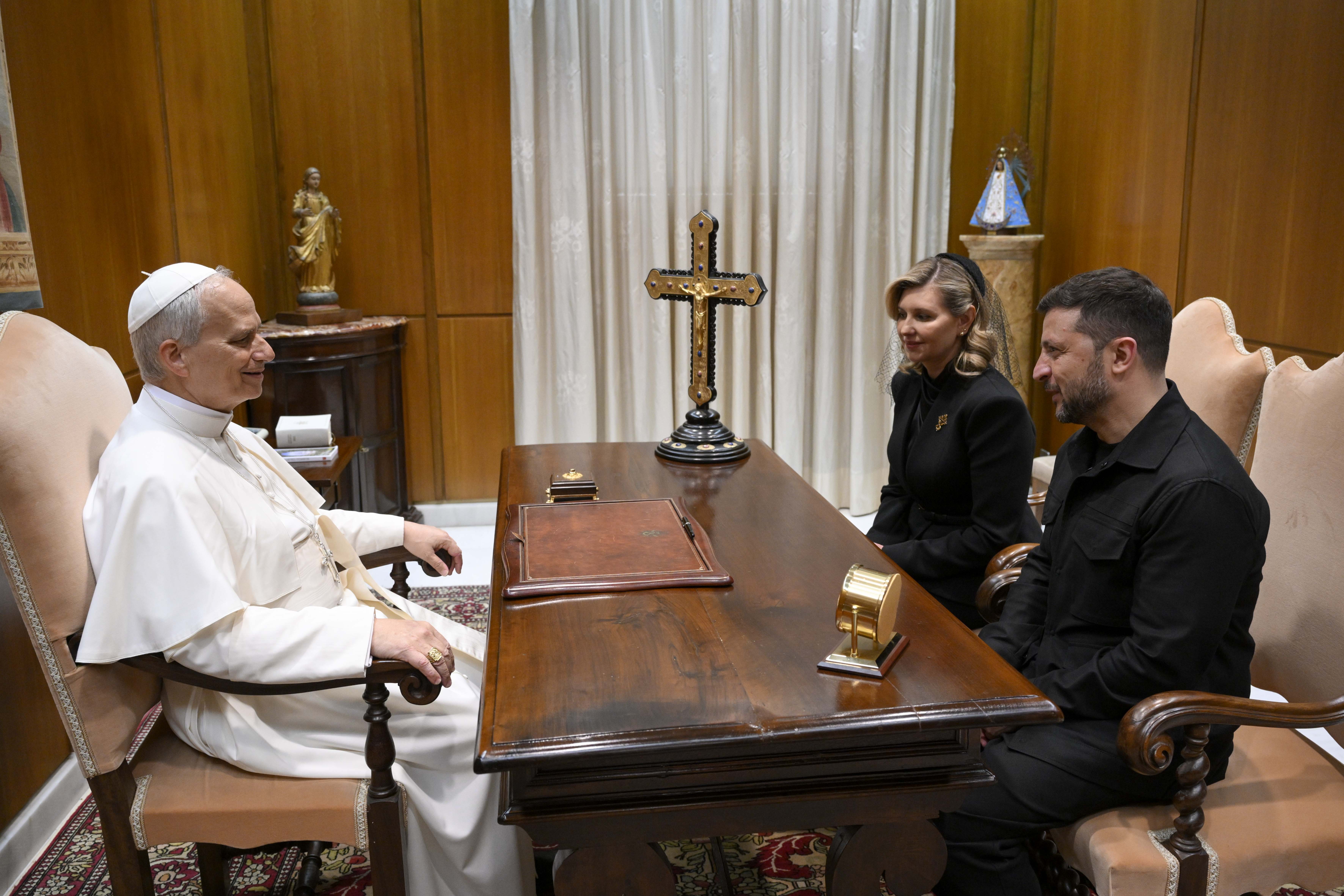 Pope Leo XIV meeting with president of Ukraine, Volodymyr Zelenskyy, following the inaugural Mass of Pope Leo XIV papacy, on May 18, 2025 in Vatican City. | Source: Getty Images