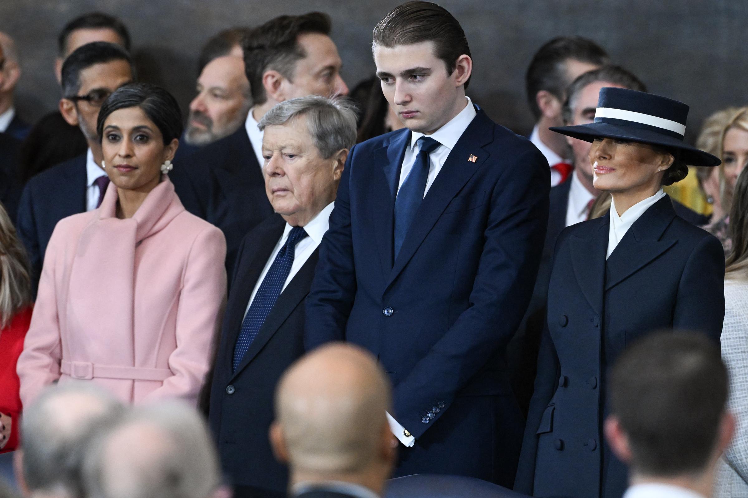 Viktor Knavs stands alongside Usha Vance, Barron Trump, and Melania Trump during Donald Trump's inauguration ceremony inside the U.S. Capitol Rotunda. The image captures one of his rare public appearances and shows him joining three generations of the Trump family for one of the most significant moments of Donald's second presidency. | Source: Getty Images