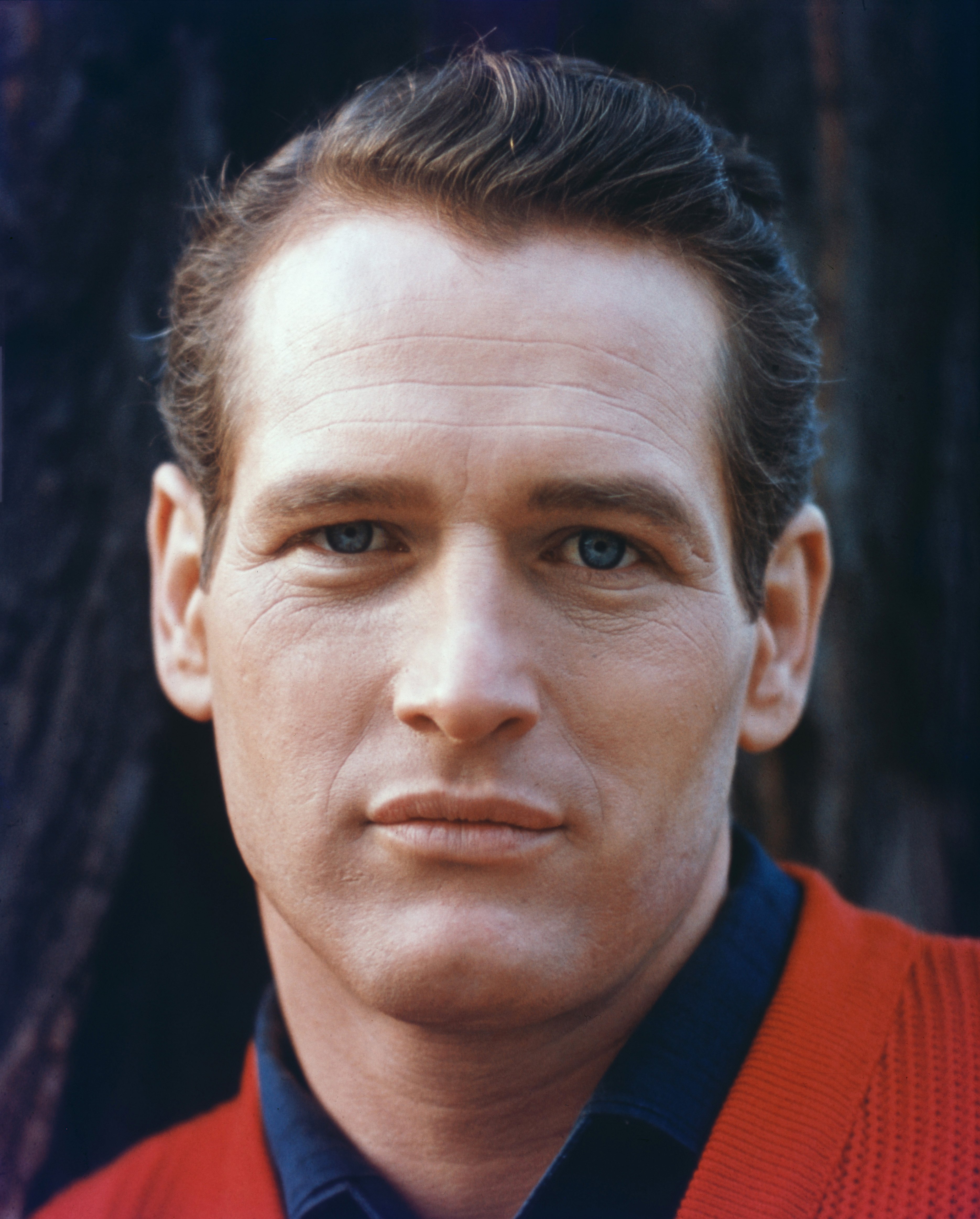 Pictured: A close-up photo of Academy Award winner Paul Newman wearing a red jersey with a blue shirt. / Source: Getty Images