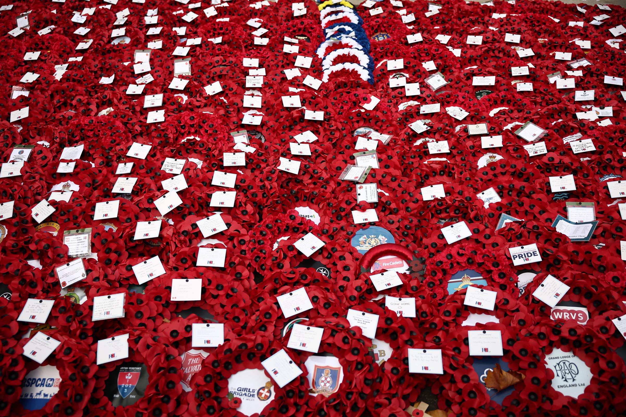 A picture shows poppy wreaths at the foot of the Cenotaph on Whitehall in London on November 9, 2025 following the Remembrance Sunday ceremony | Source: Getty Images