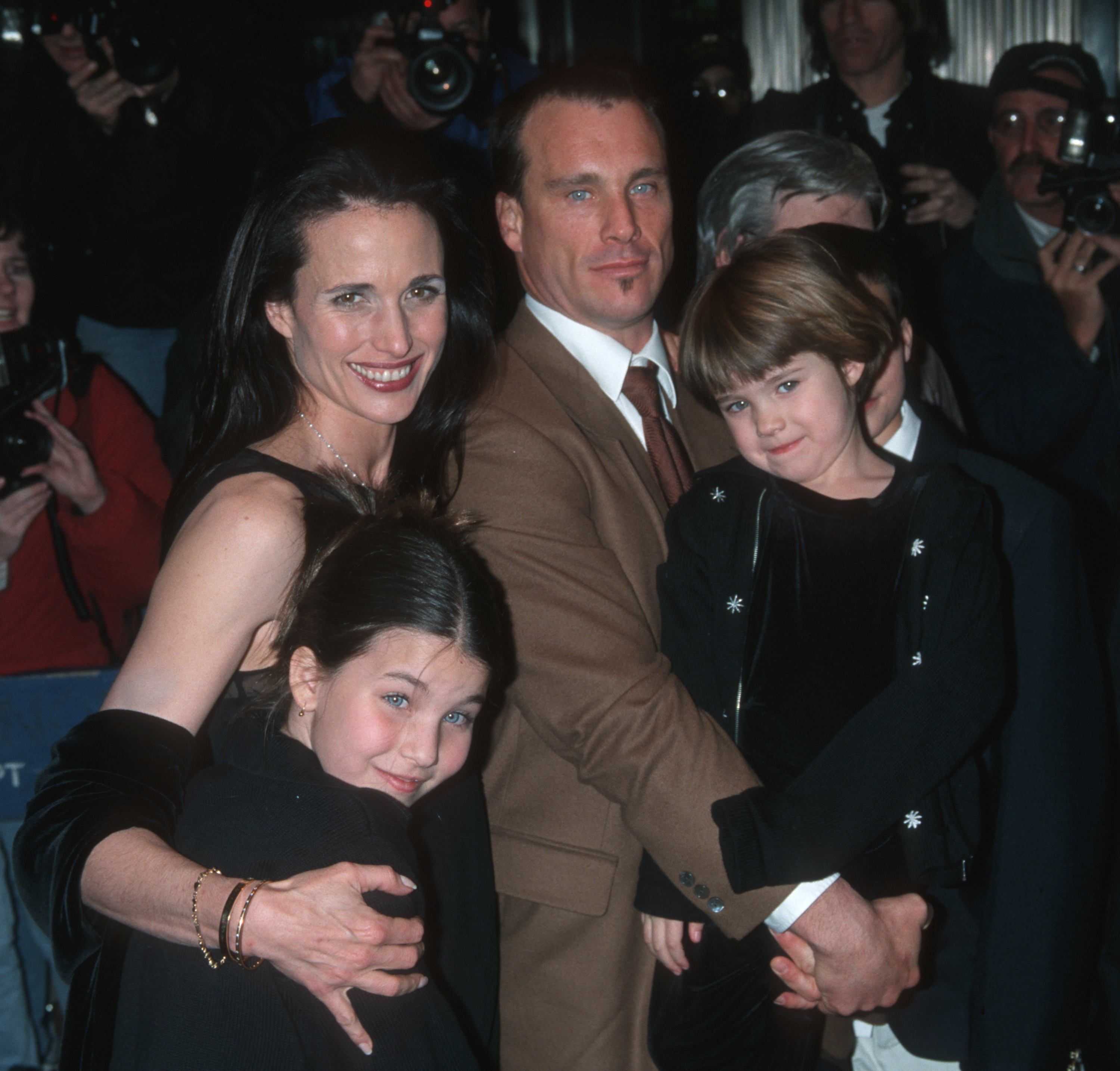 Andie MacDowell, Rainey Qualley, Paul Qualley and Margaret Qualley at the Cinema II in New York City in 1999. | Source: Getty Images