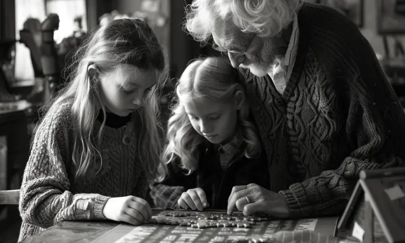 Emma and Bella in Grandpa's study, solving one of his intricate puzzles | Source: Midjourney