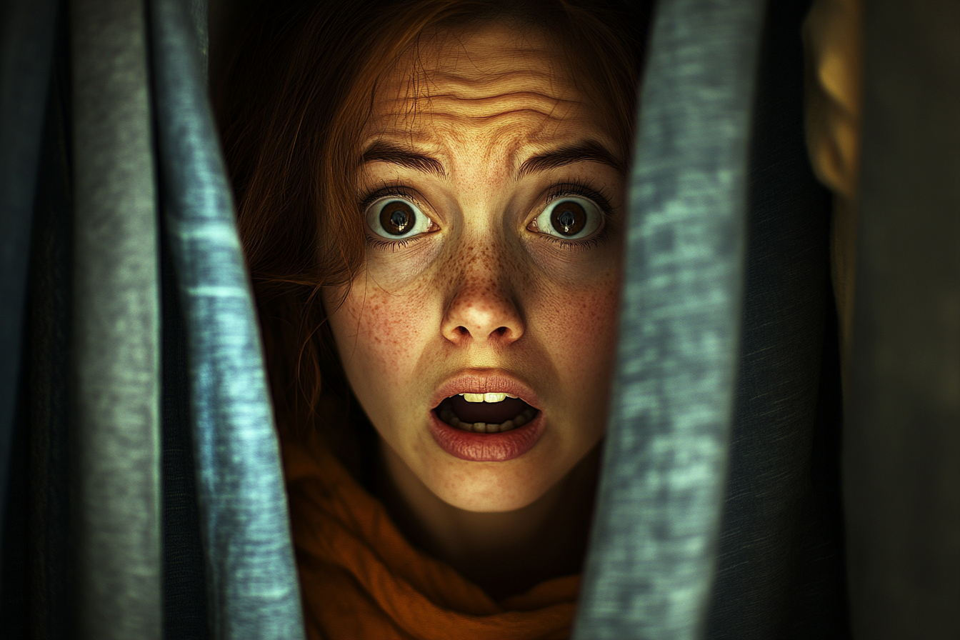 A shocked woman hiding in a closet | Source: Midjourney