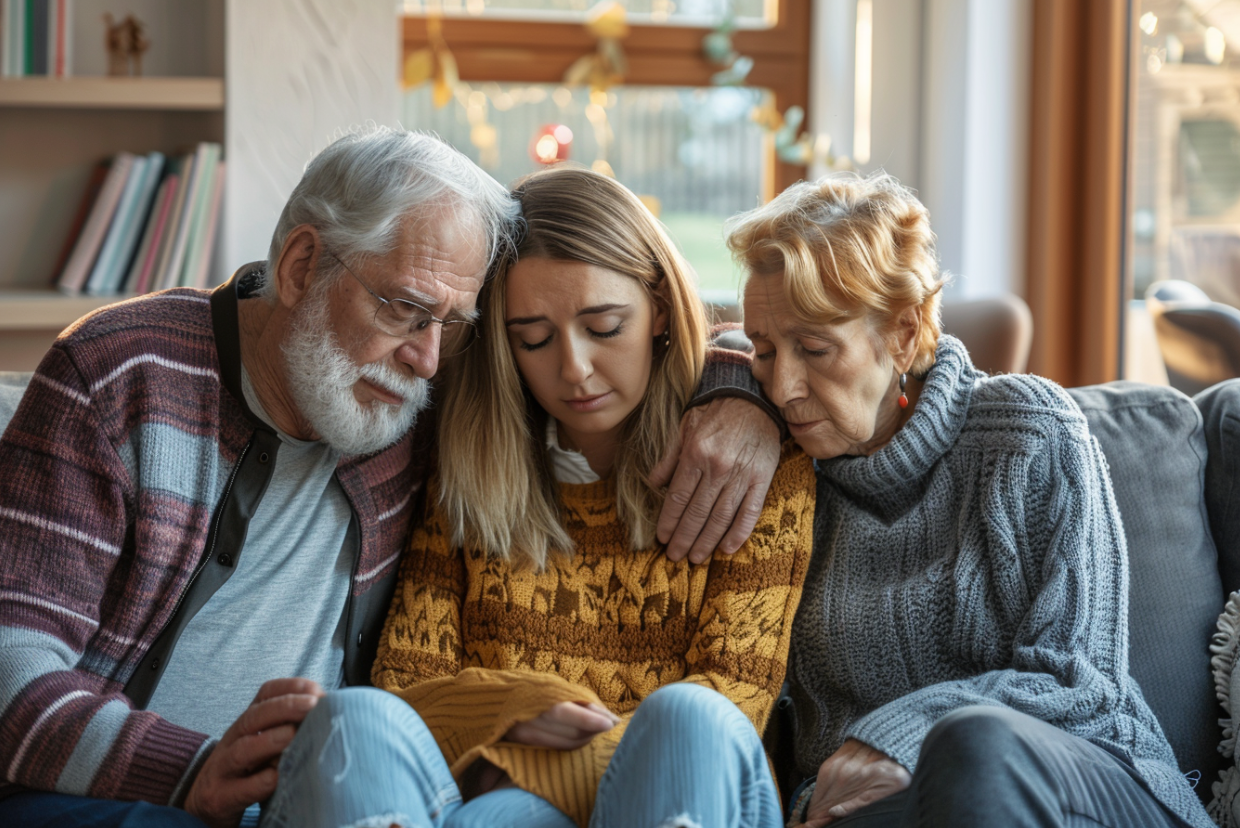 An elderly couple comforting their adult granddaughter | Source: MidJourney