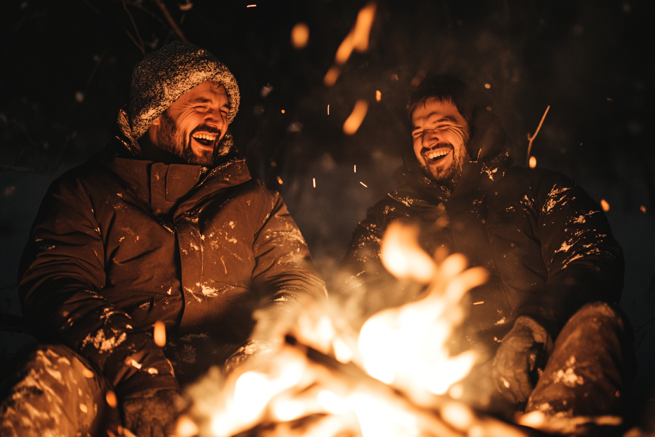 Two men laughing together by a fire | Source: Midjourney