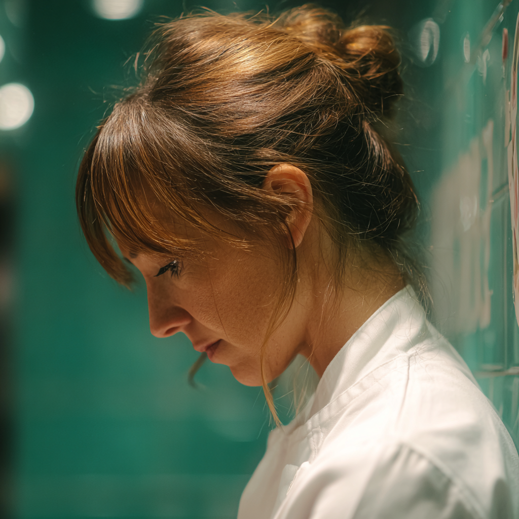An emotional woman wearing a white chef's coat | Source: Midjourney