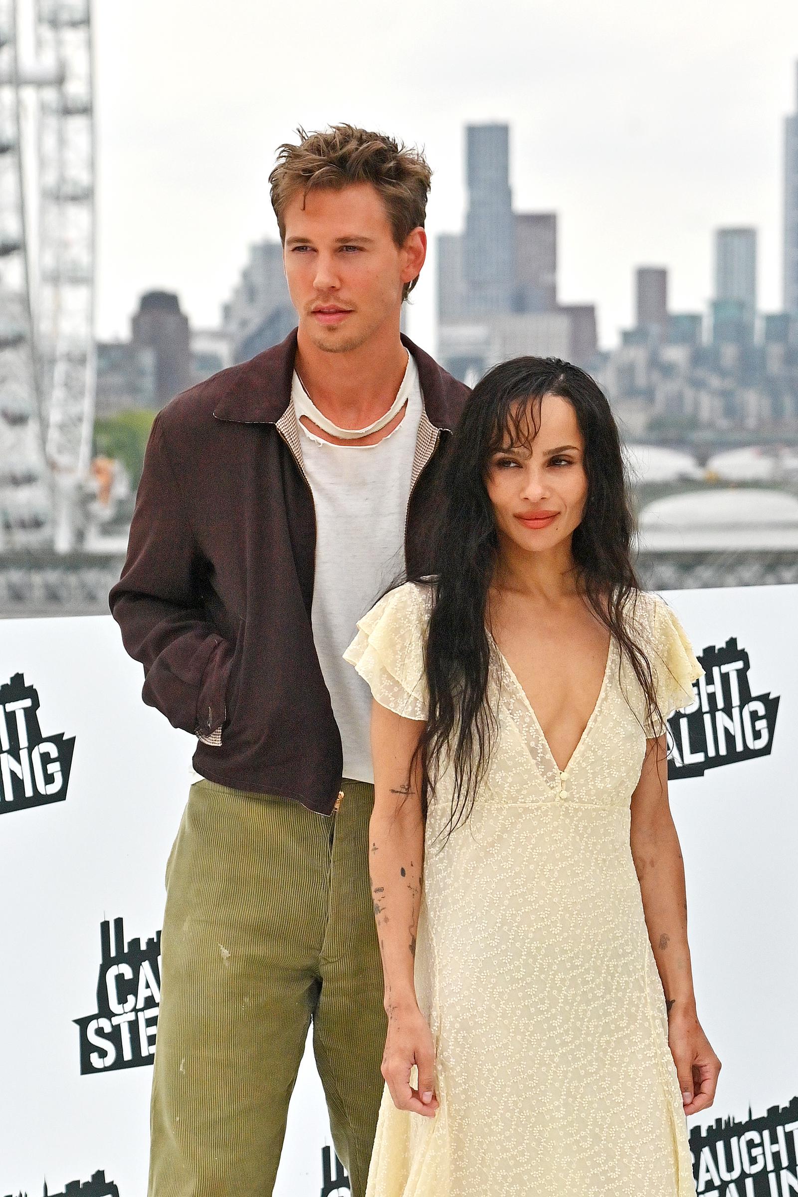 Austin Butler and Zoë Kravitz attend the London Photocall for "Caught Stealing" at IET London: Savoy Place on August 18, 2025, in London, England | Source: Getty Images