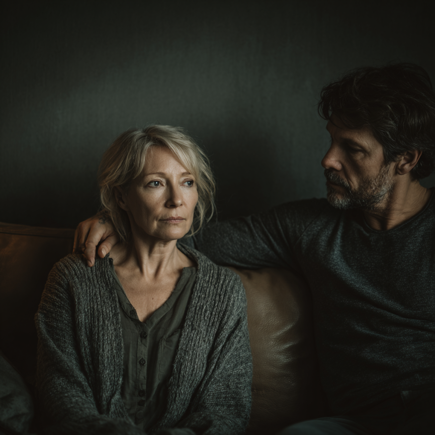 A man reaching out to touch a woman's shoulder | Source: Midjourney