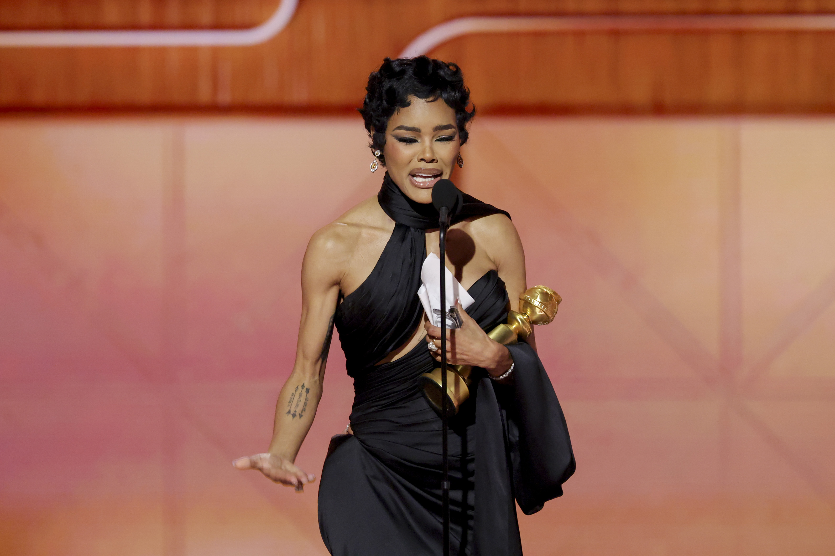 Teyana Taylor gives her acceptance speech after winning at the 83rd Golden Globes on January 11, 2026 | Source: Getty Images