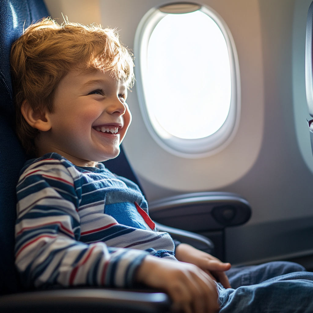 The little boy smiles from his seat. | Source: Midjourney