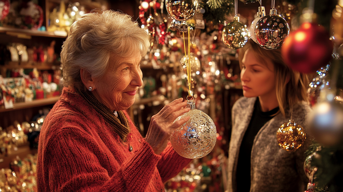 Elderly lady holding a Christmas ornament | Source: Midjourney