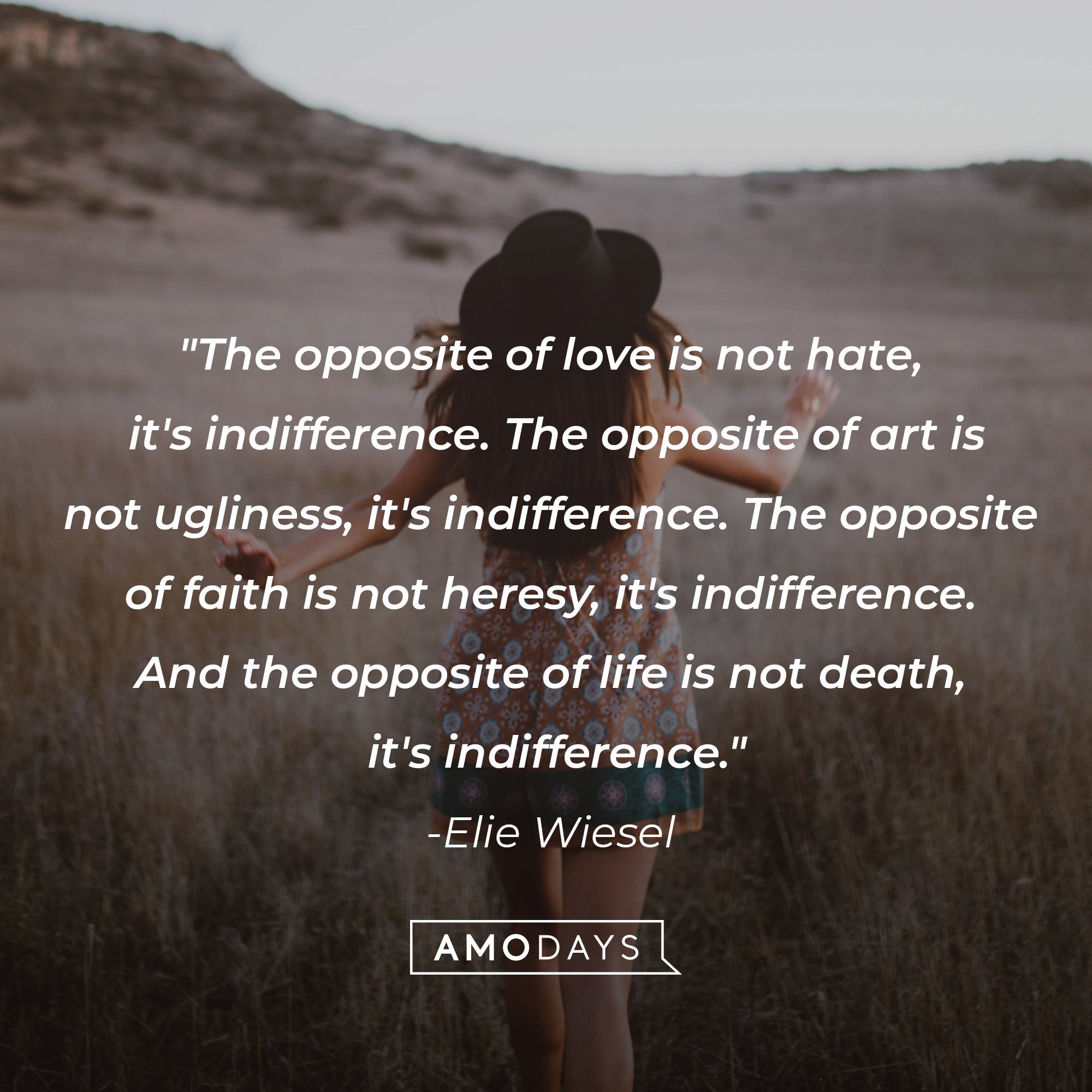 Elie Wiesel's quote: "The opposite of love is not hate, it's indifference. The opposite of art is not ugliness, it's indifference. The opposite of faith is not heresy, it's indifference. And the opposite of life is not death, it's indifference." | Image: AmoDays