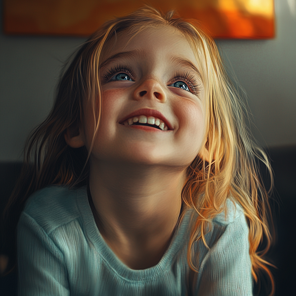 A cheerful little girl looking up and smiling | Source: Midjourney