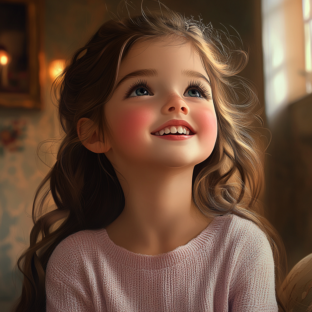 A cheerful little girl looking up and smiling | Source: Midjourney