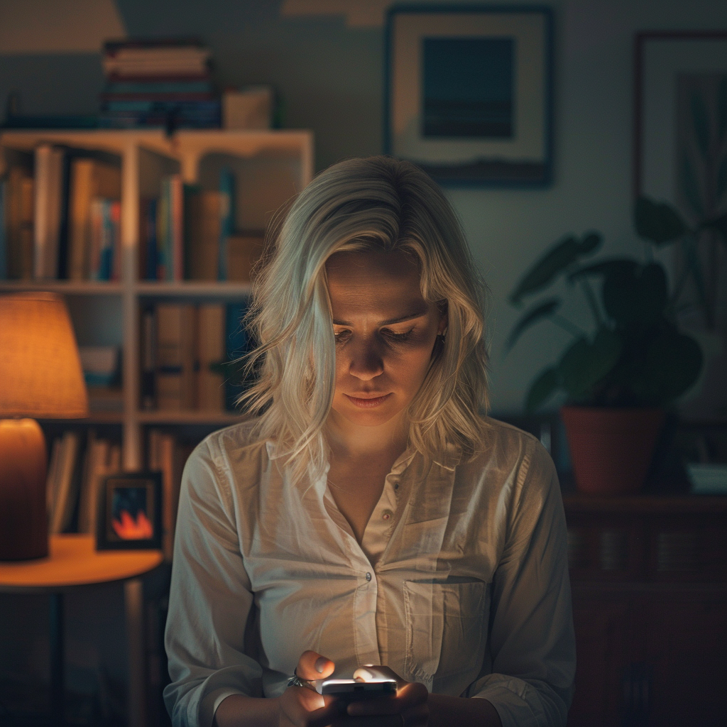 A woman staring at her phone | Source: Midjourney