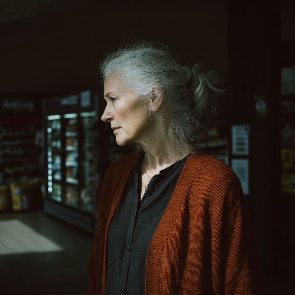 A pensive woman standing in a grocery store | Source: Midjourney
