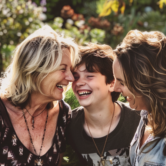 Two women laughing with a teenage boy in a garden | Source: Midjourney