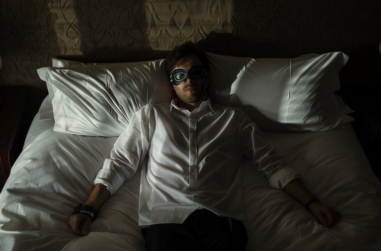 A man wearing a sleep mask while lying on a bed | Source: MidJourney
