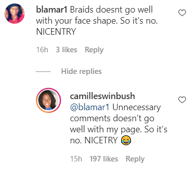 Actress Camille Winbush's reply to a fan's comment on her Instagram post | Photo: Instagram/camilleswinbush
