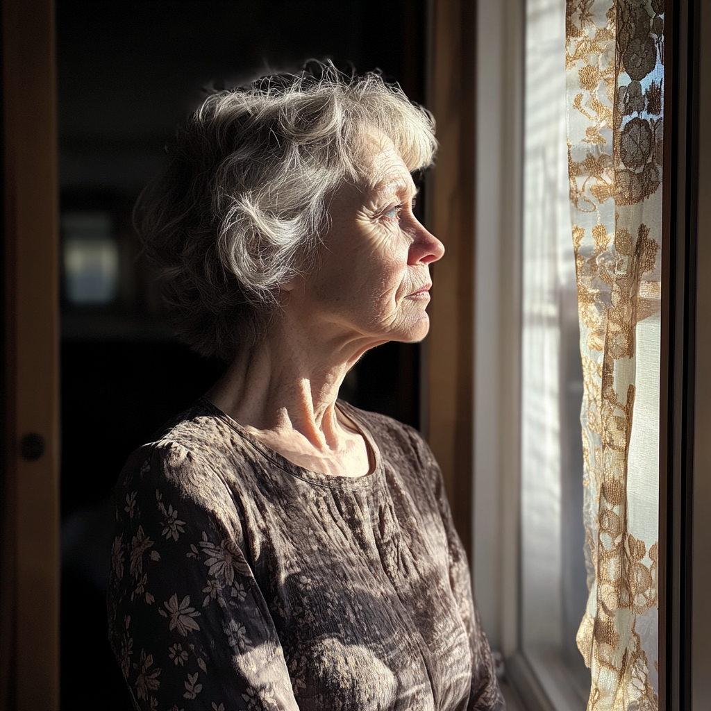 Senior woman looking outside | Source: Midjourney