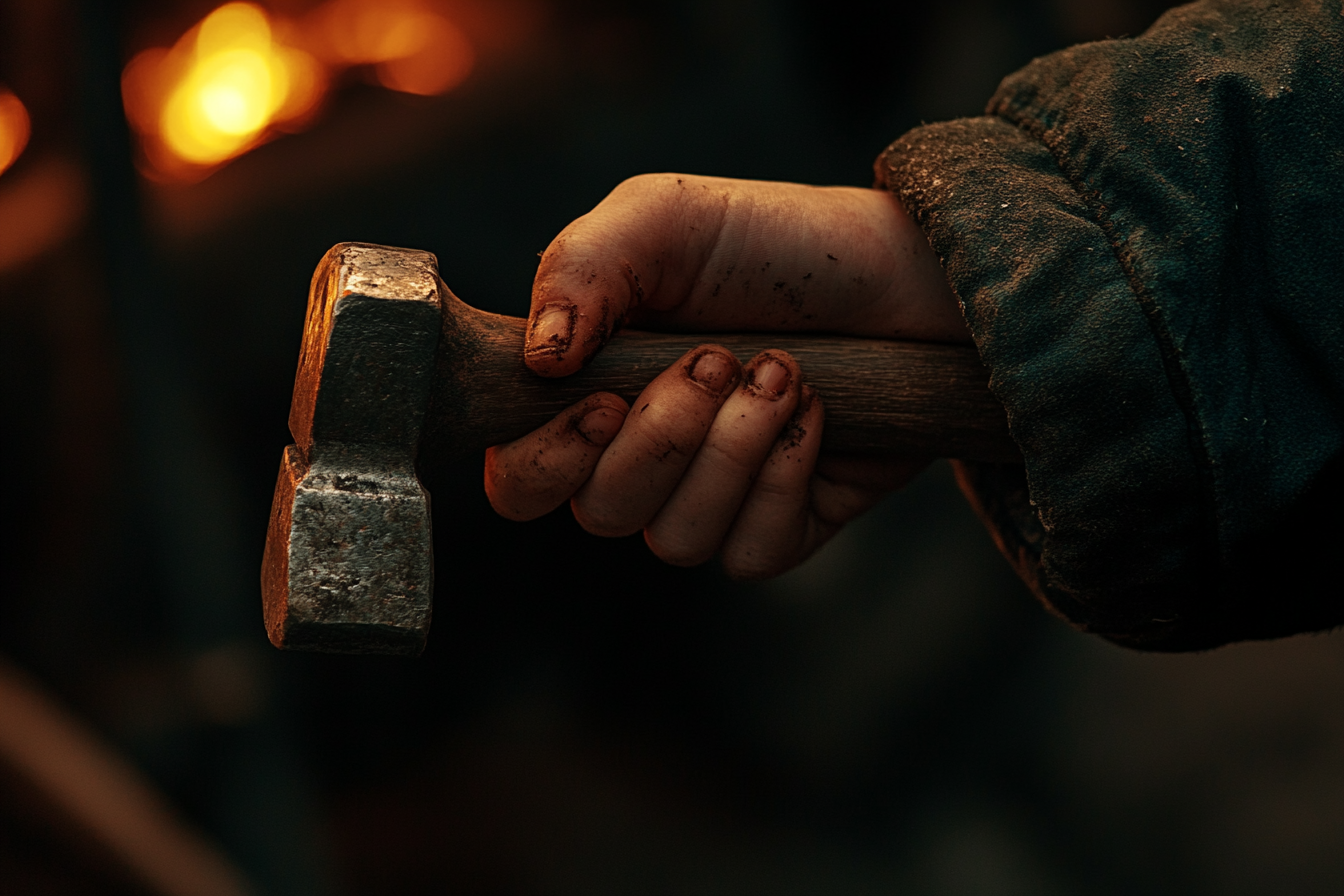 Close-up of a young boy holding a hammer | Source: Midjourney