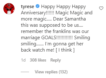 Tyrese's comment on Kirk and Tammy Franklin's 25th anniversary picture. | Photo: Instagram/Iamtammyfranklin