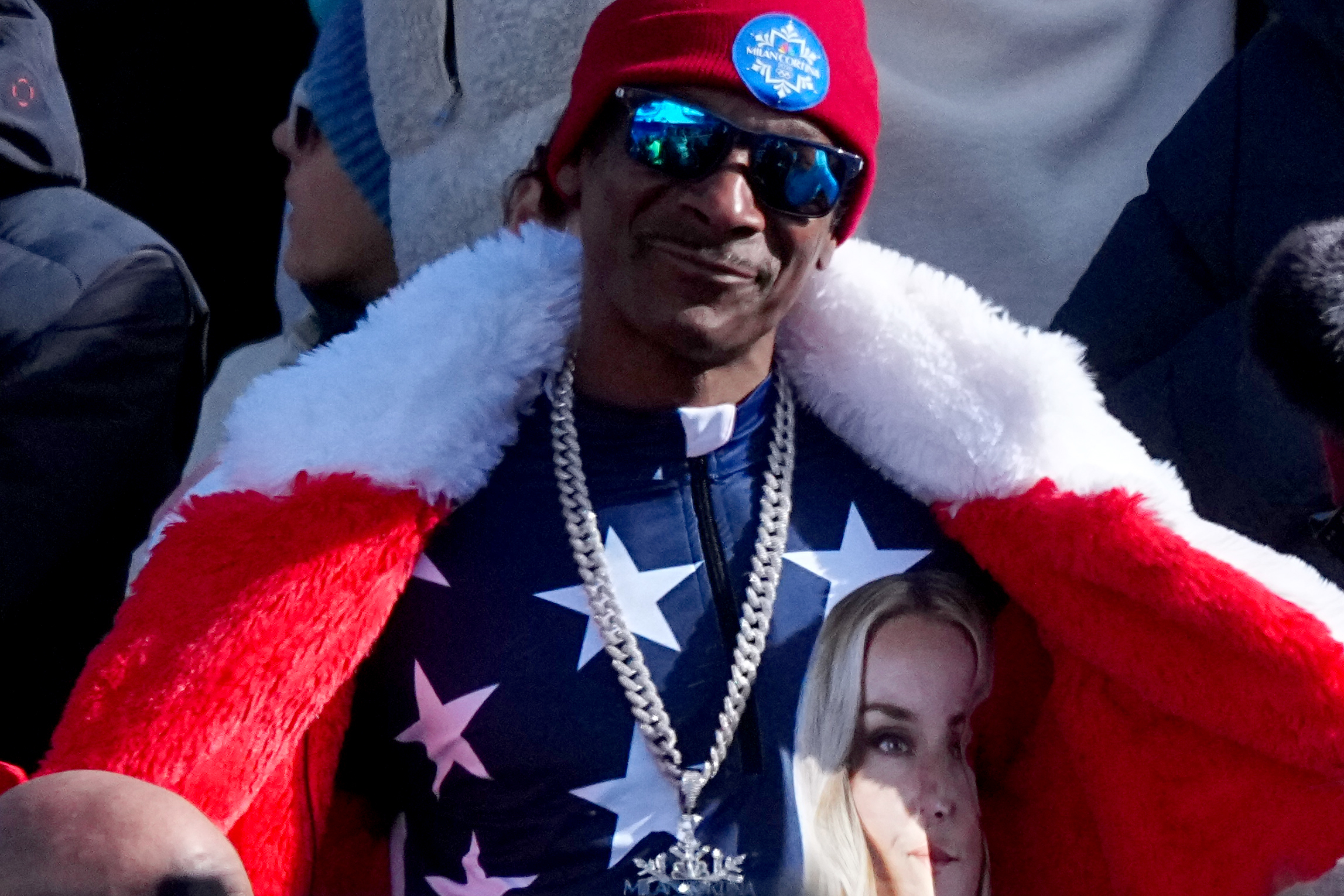 Snoop Dogg watches the women's downhill at the Milan Cortina 2026 Winter Olympics in Cortina d’Ampezzo, Italy on February 8. | Source: Getty Images