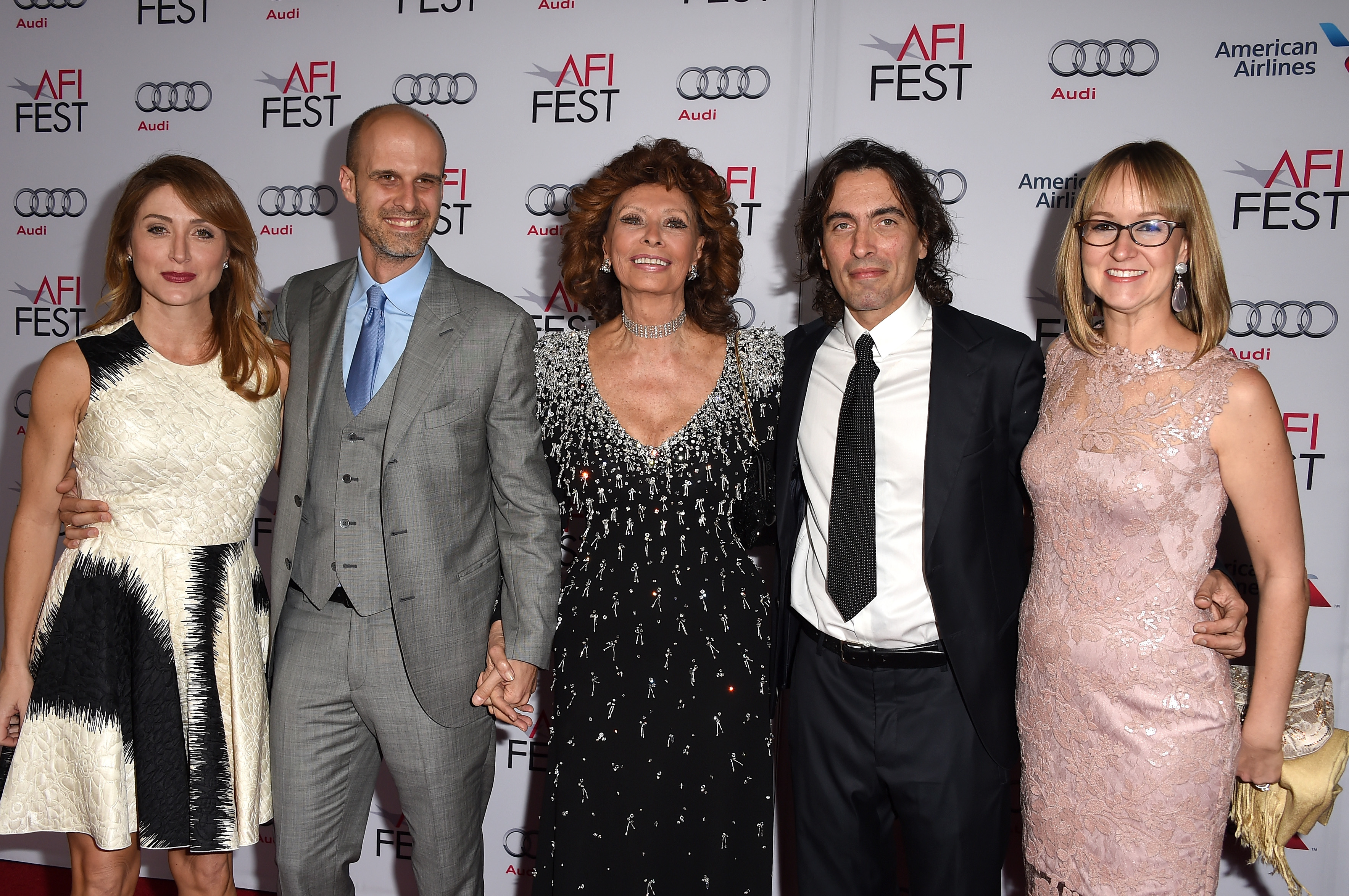 (L-R) Sasha Alexander, Edoardo Ponti, Sophia Loren, Carlo Ponti Jr., and Andrea Meszaros Ponti during the AFI FEST 2014 at Dolby Theatre on November 12, 2014 in Hollywood, California | Source: Getty Images