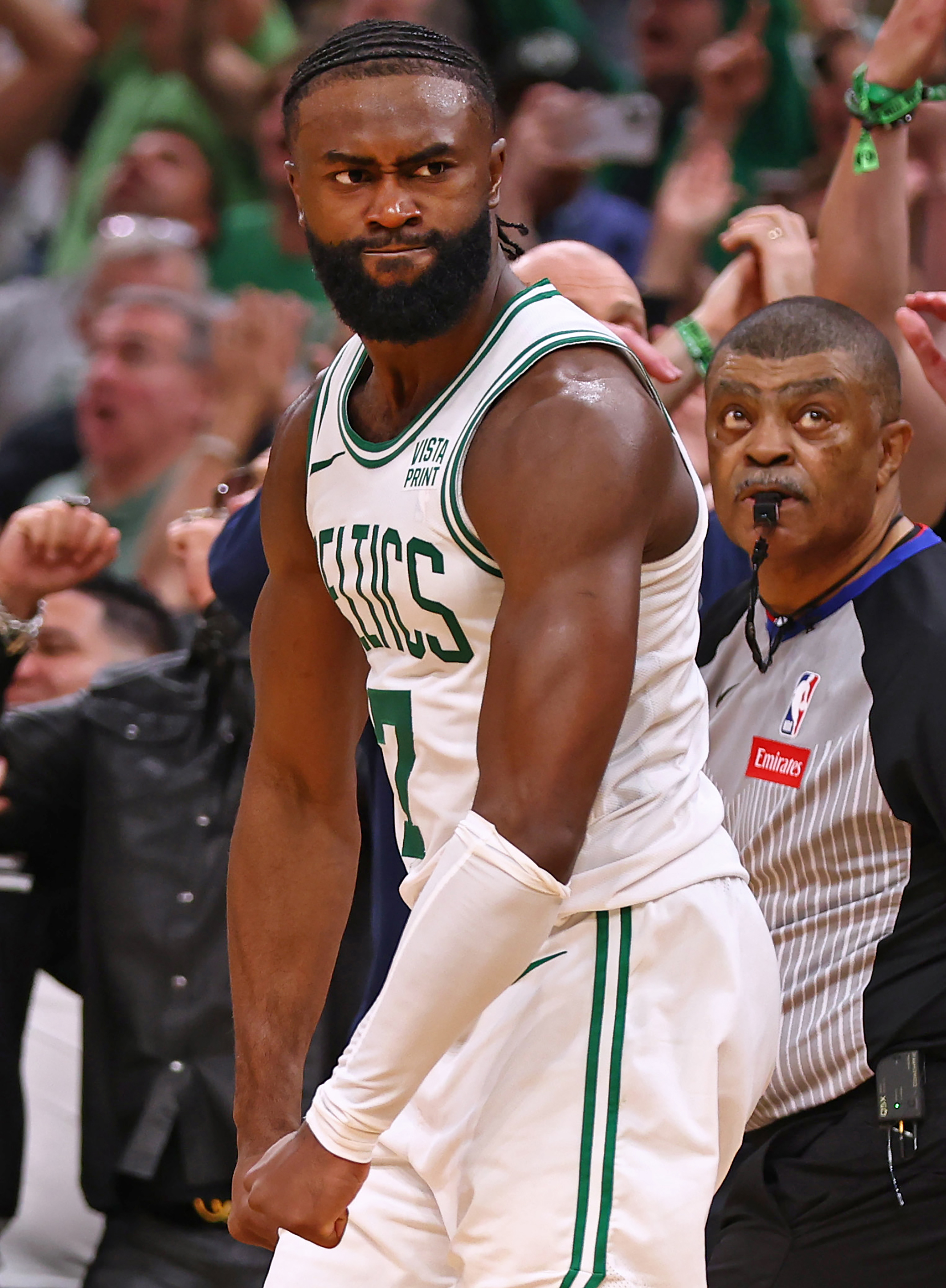 Jaylen Brown reacts after hitting a game-tying three-pointer late in the fourth quarter against the Indiana Pacers in Game 1 of the Eastern Conference Finals at TD Garden in Boston on May 21, 2024. | Source: Getty Images
