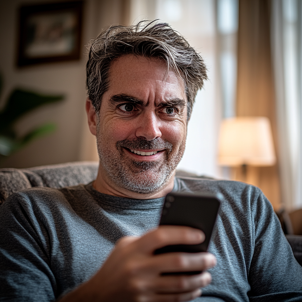 A man smiles while texting on his phone | Source: Midjourney