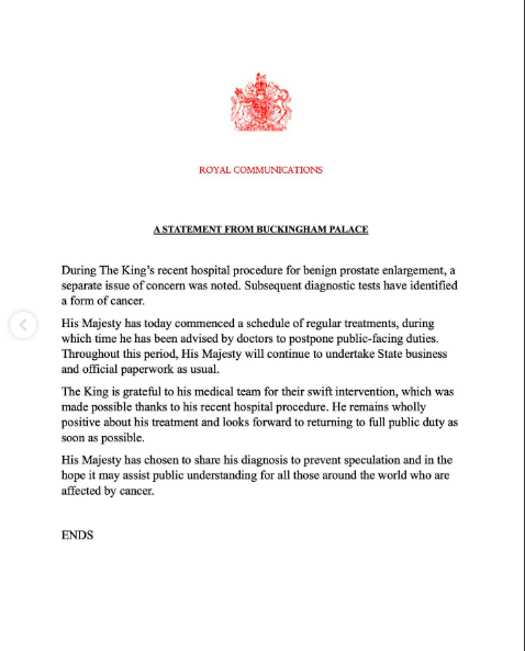 The statement from Buckingham Palace about King Charles III's cancer diagnosis posted on February 5, 2024 | Source: Instagram/theroyalfamily