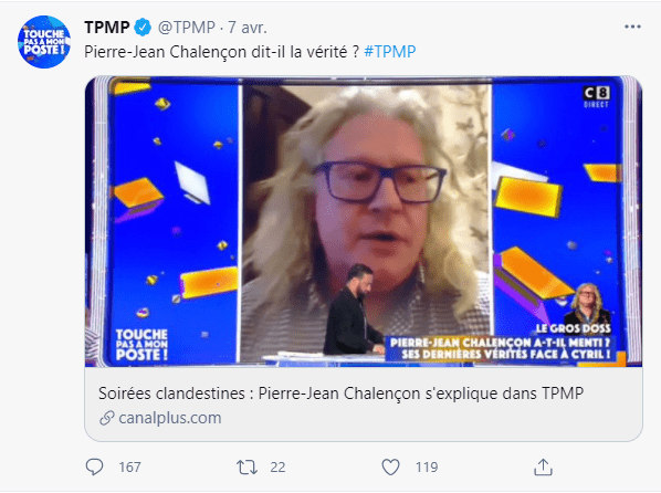 Capture d'écran tweeter TPMP. | Photo : twitter.com/TPMP/status/1379720854158897154