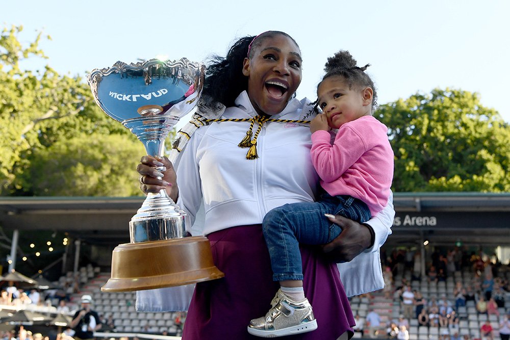 Serena Williams celebrates with daughter Alexis Olympia after winning the final match against Jessica Pegula at ASB Tennis Centre in Auckland, New Zealand in January 2020. I Image: Getty Images. 