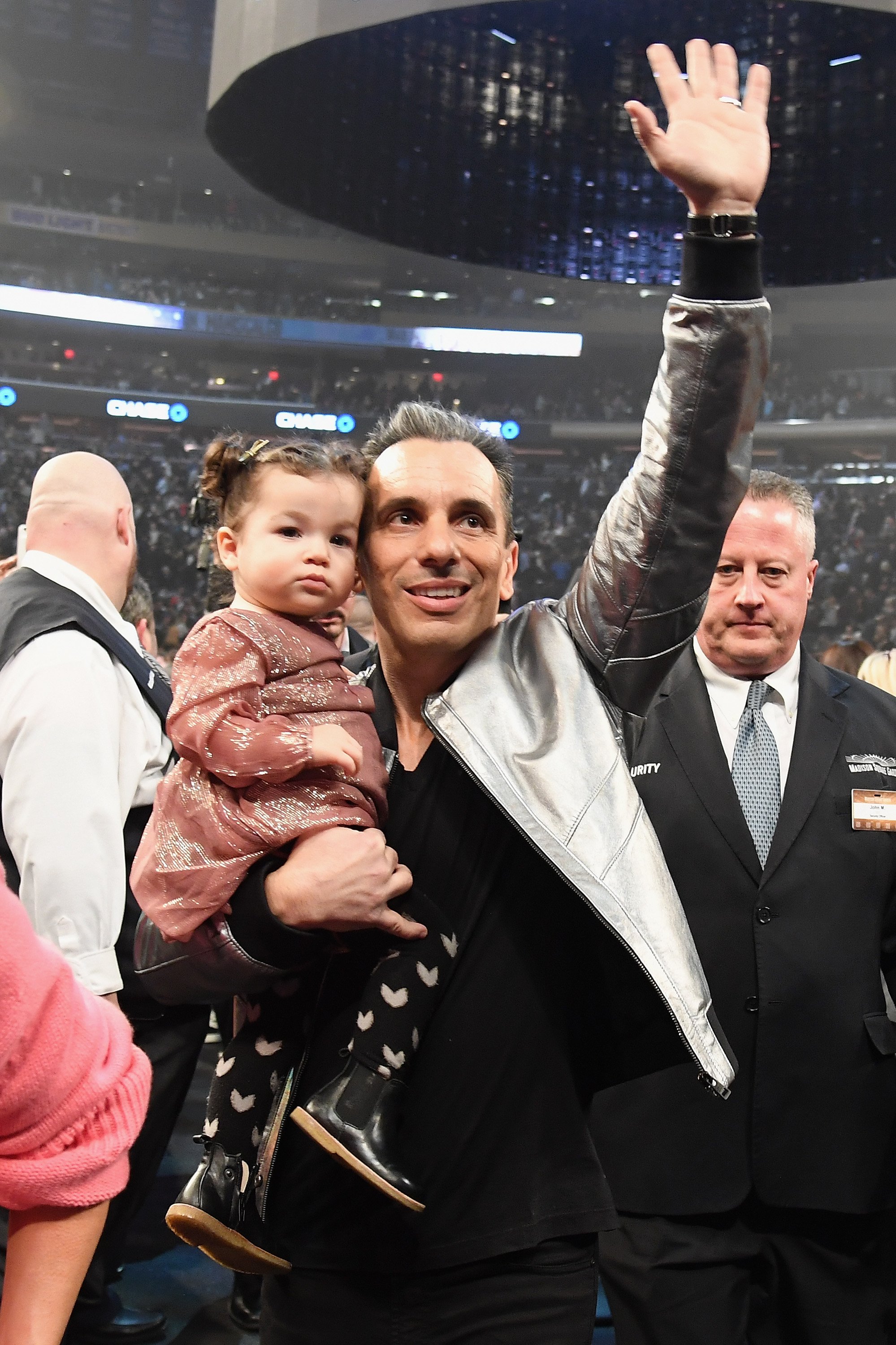 Sebastian Maniscalco holding his daughter Serafina Simone Maniscalco during an interaction with the audience of his 2018 "Stay Hungry" Tour at Madison Square Garden, NY, on January 19, 2019. | Source: Getty Images