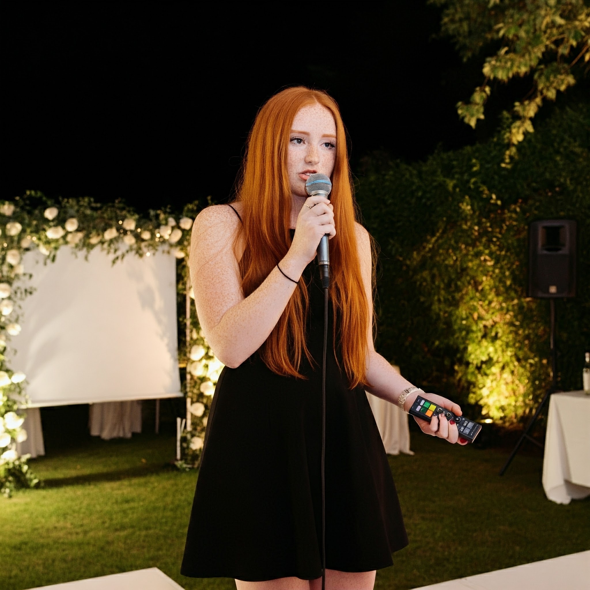 A girl holding a microphone and a remote | Source: Gemini