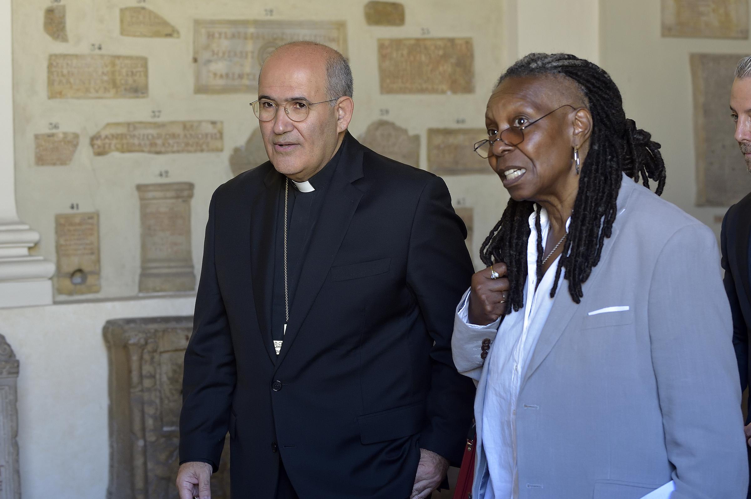 Cardinal José Tolentino Calaça de Mendonça and Whoopi Goldberg in the Galleria Lapidaria of the Vatican Apostolic Palace at the Apostolic Palace on June 14, 2024, in Vatican City | Source: Getty Images