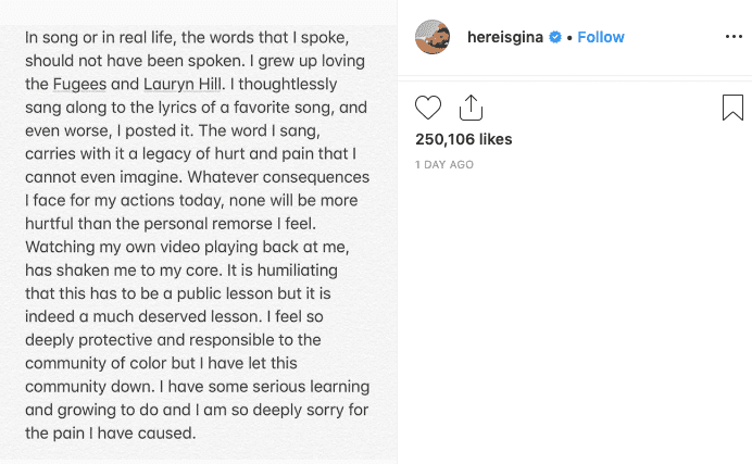 A screenshot of Gina Rodriguez's apology over her saying the "n-word" | Source: Instagram / Gina Rodriguez