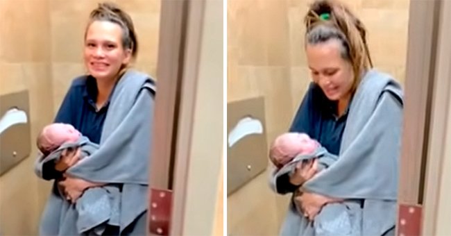 Kaitlyn Fullerton holding her newborn son Callihan inside the gas station bathroom | Photo: Youtube.com/FOX 26 Houston