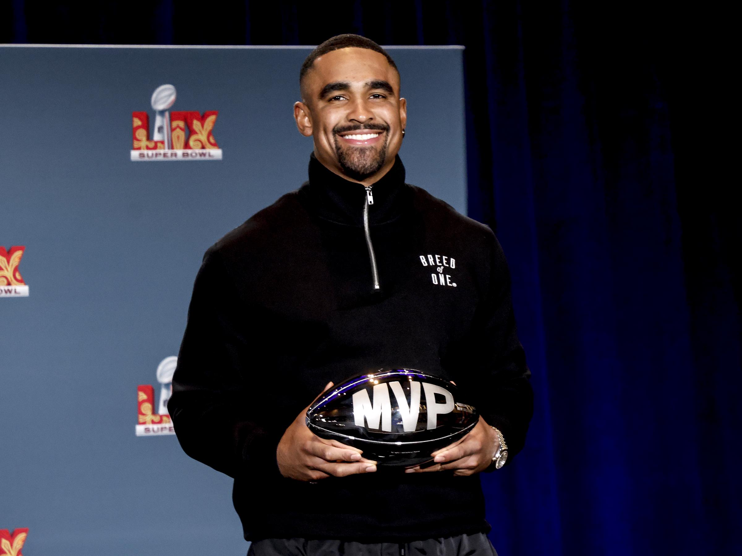 Jalen Hurts after receiving the Pete Rozelle Trophy as Super Bowl LIX Most Valuable Player during the Super Bowl Winning Team Head Coach and MVP Press Conference on February 10, 2025, in New Orleans, Louisiana. | Source: Getty Images