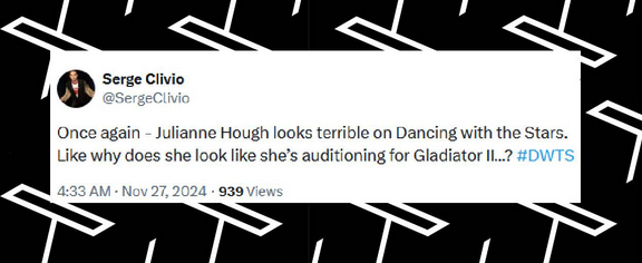 A fan comments on Julianne Hough's dress on the season 33 finale of "Dancing With The Stars," from a post dated November 27, 2024 | Source: X/SergeClivio