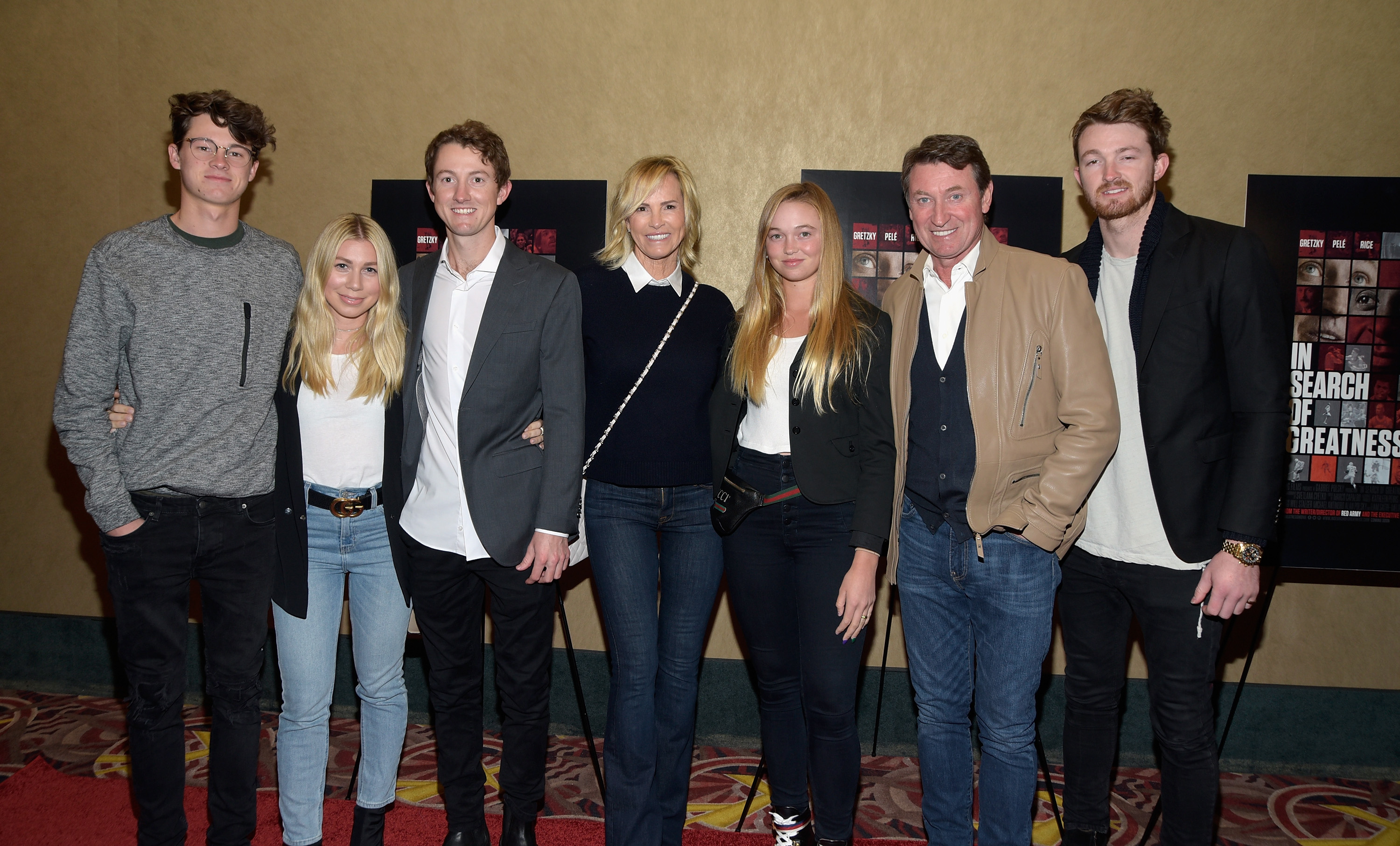 Tristan Gretsky, guest, Ty Gretzky, Janet Jones, Emma Gretzky, Wayne Gretzky, and Trevor Gretzky at the Los Angeles premiere of "In Search of Greatness" on November 1, 2018, in Century City, California | Source: Getty Images