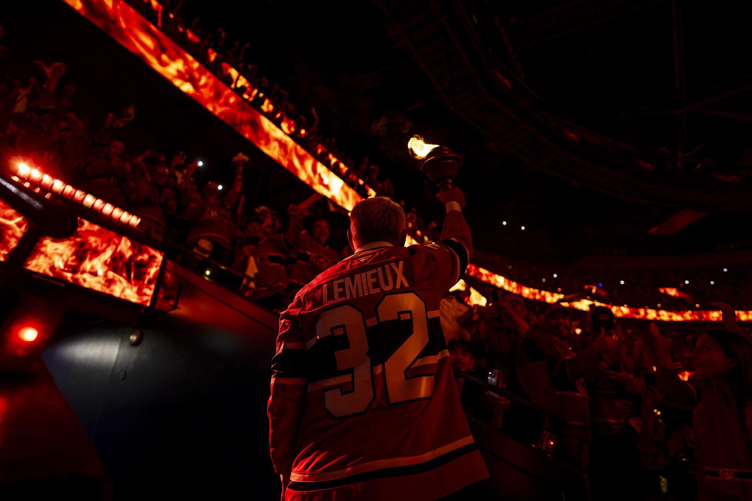 Claude Lemieux during the opening ceremony of Game Three of the Eastern Conference Final of the 2026 Stanley Cup Playoffs in Montreal, Quebec on May 25, 2026. | Source: Getty Images