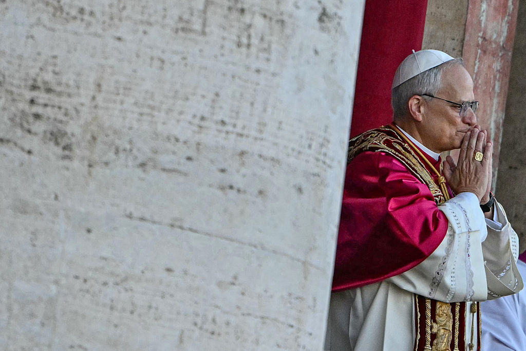 Newly elected Pope Leo XIV, Robert Francis Prevost addresses the crowd from the main central loggia balcony of the St Peter's Basilica for the first time, after the cardinals ended the conclave, in The Vatican, on May 8, 2025