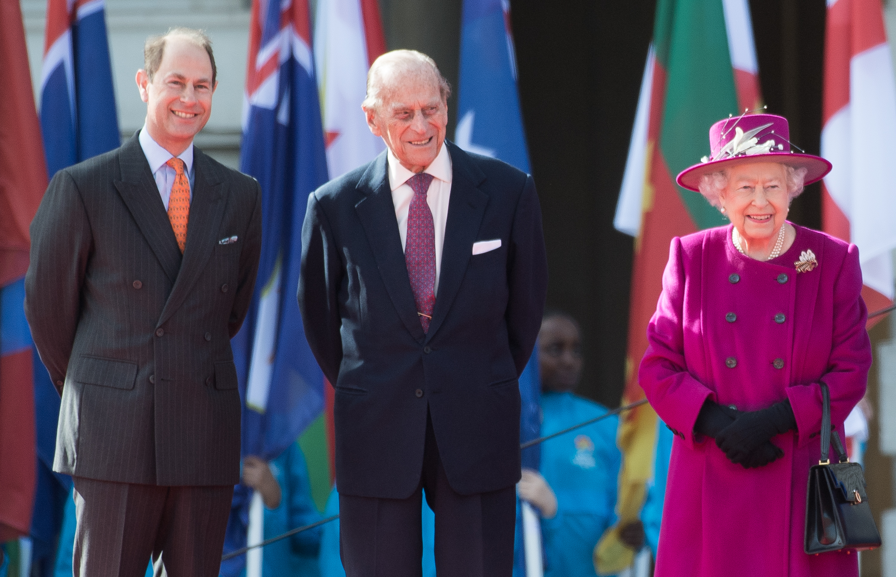 Queen Elizabeth II, Prince Philip, then-Duke of Edinburgh and Prince Edward, then-Earl of Wessex attend the launch of The Queen's Baton Relay for the XXI Commonwealth Games being held on the Gold Coast in 2018 at Buckingham Palace on 13 March 2017 in London, England. | Source: Getty Images