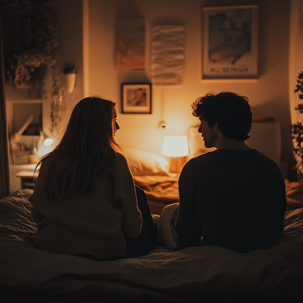 Couple having a talk in their bedroom | Source: Midjourney