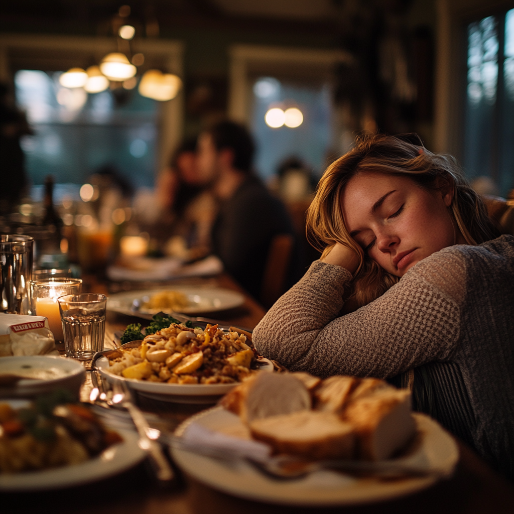 A woman slumps in her seat during dinner | Source: Midjourney