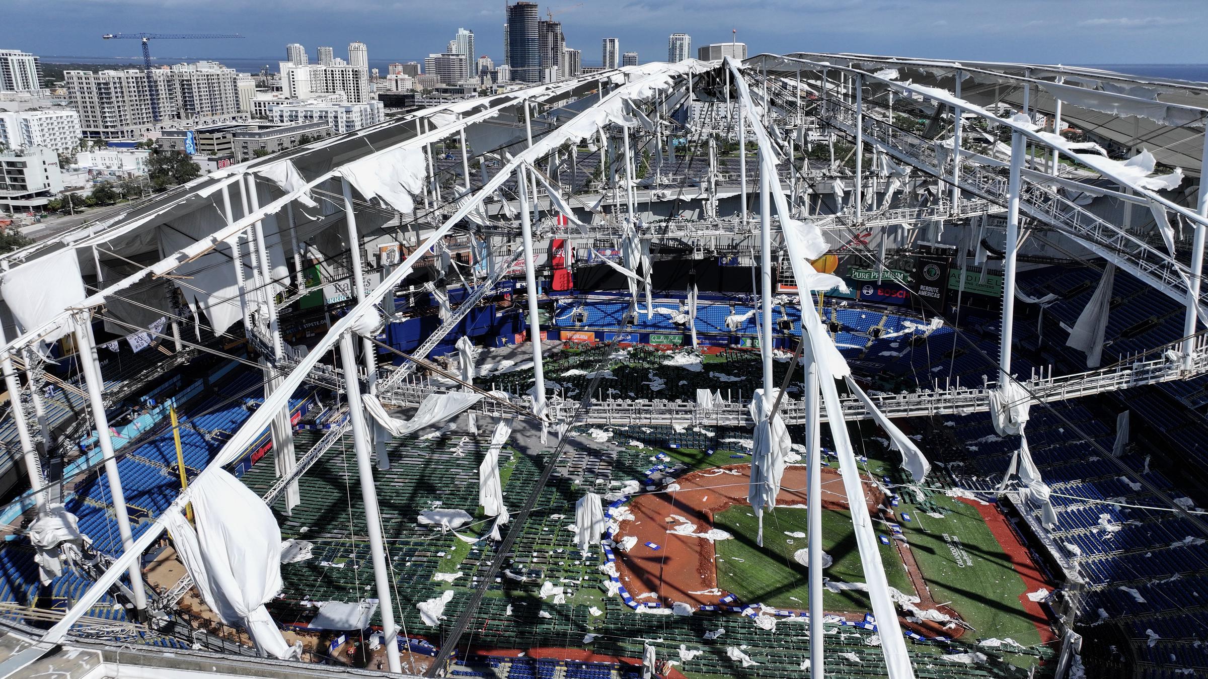 An aerial view of the roof of Tropicana Field in St. Petersburg destroyed by Hurricane Milton, October 10, 2024 | Source: Getty Images