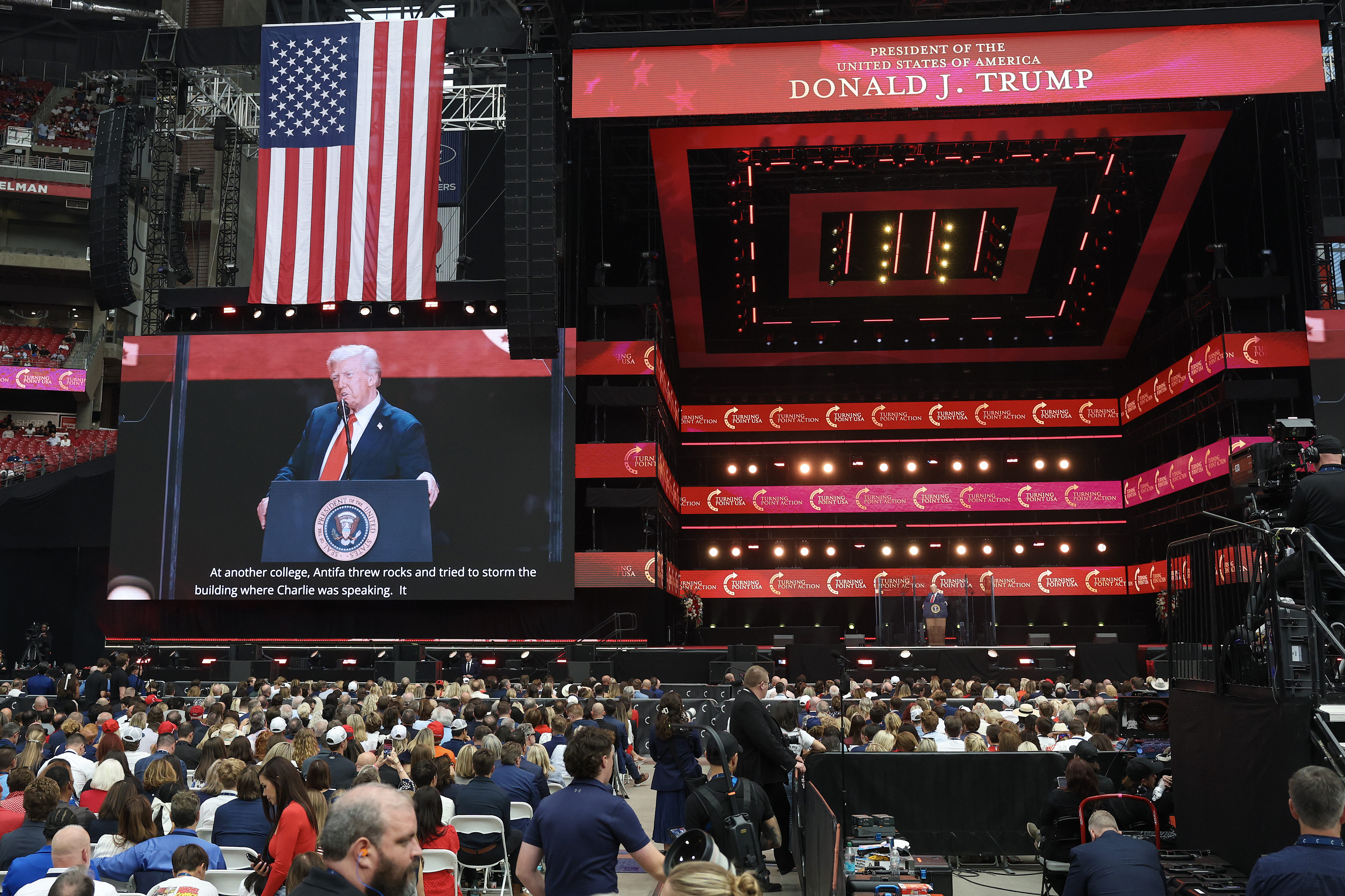 Donald Trump speaking during the memorial service. | Source: Getty Images