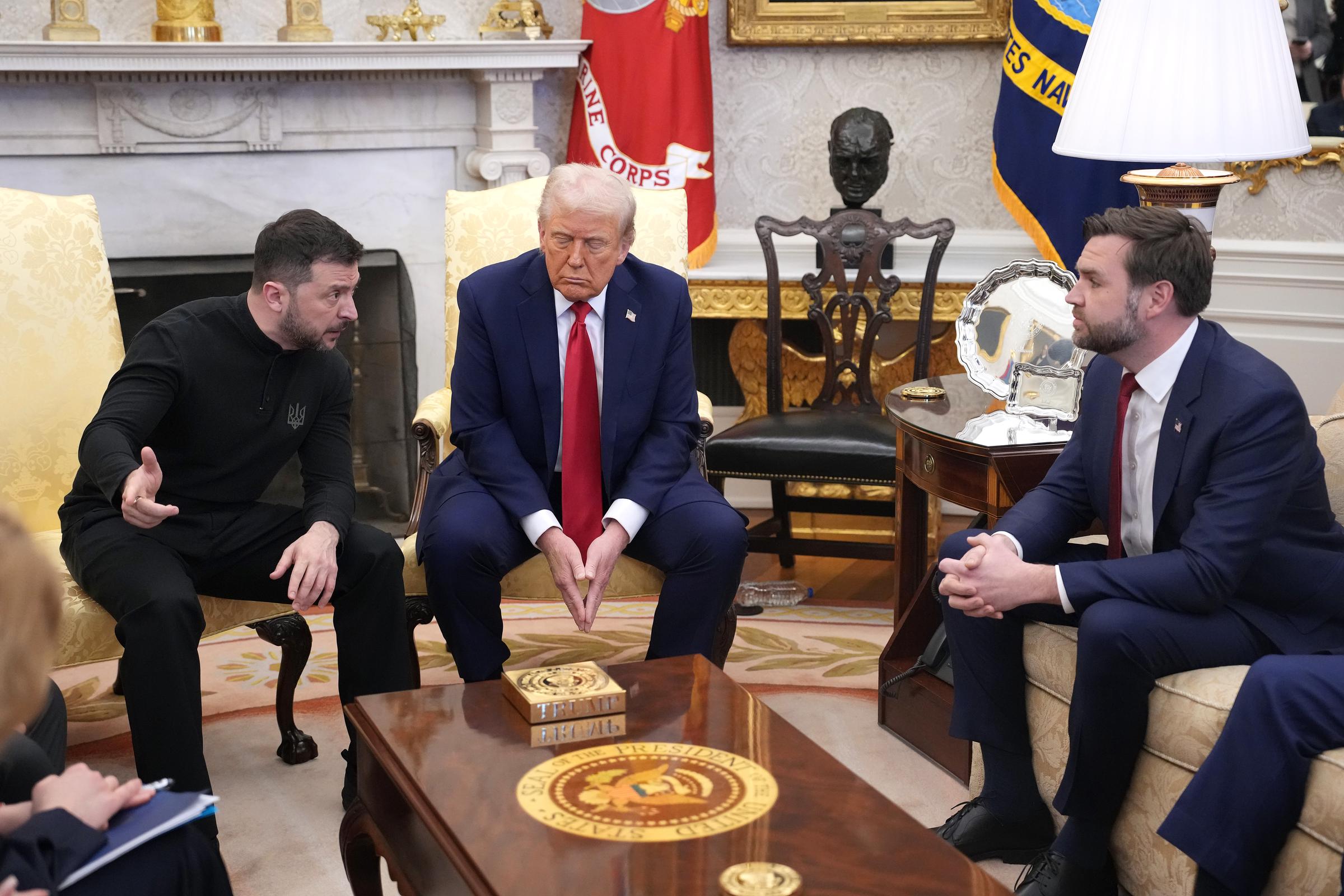 U.S. President Donald Trump and Vice President JD Vance meet with Ukrainian President Volodymyr Zelenskyy in the Oval Office in Washington, DC on February 28, 2025 | Source: Getty Images
