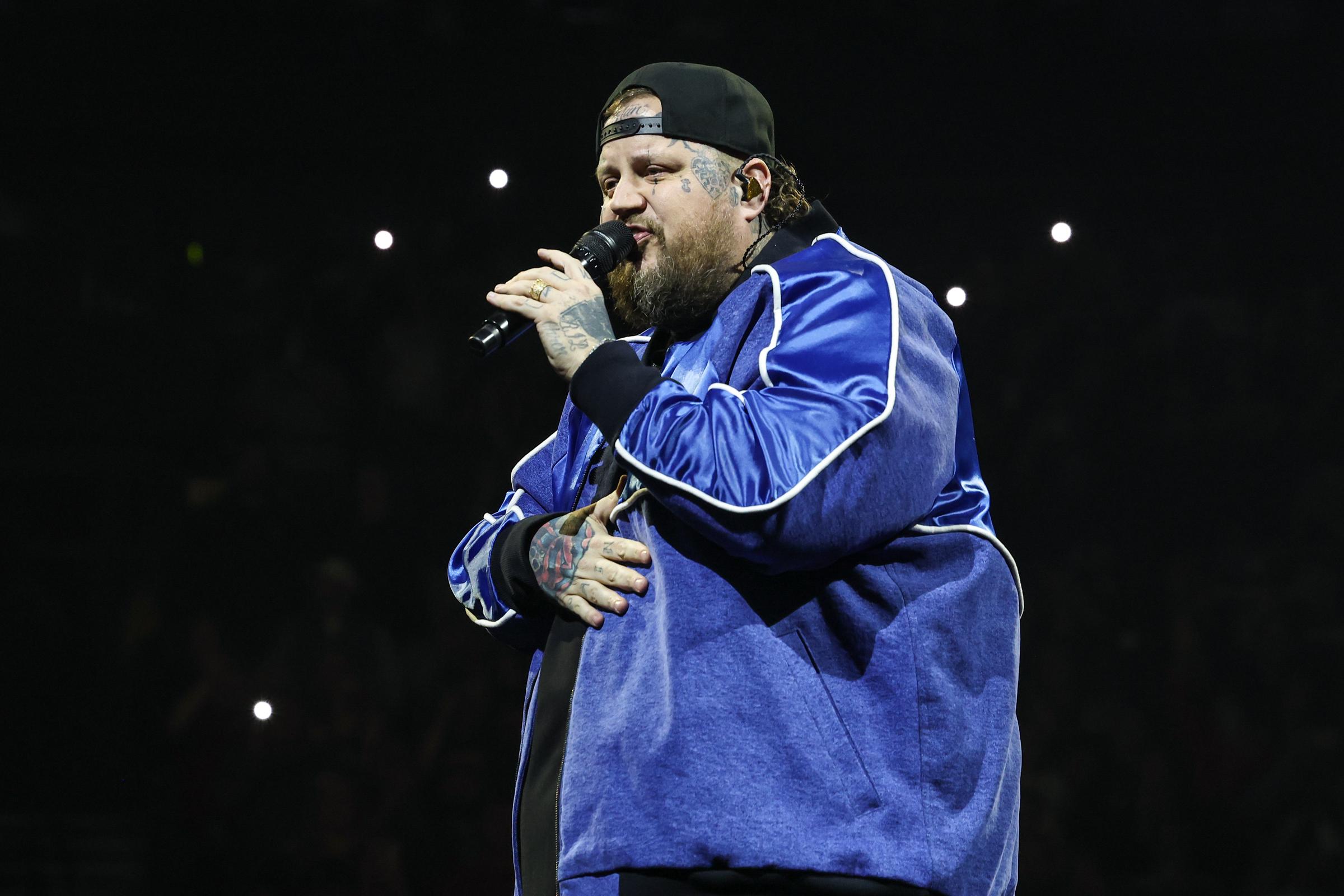 Jelly Roll performs on stage during The "Beautifully Broken" Tour at Bridgestone Arena in Nashville, Tennessee, on November 26, 2024 | Source: Getty Images